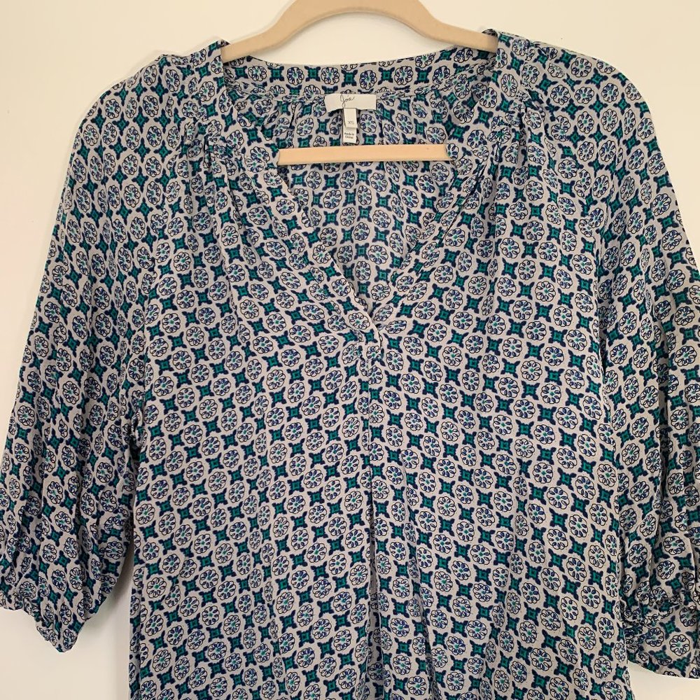 Joie Silk Blouse - Grey, Blue & Green Pattern - XS